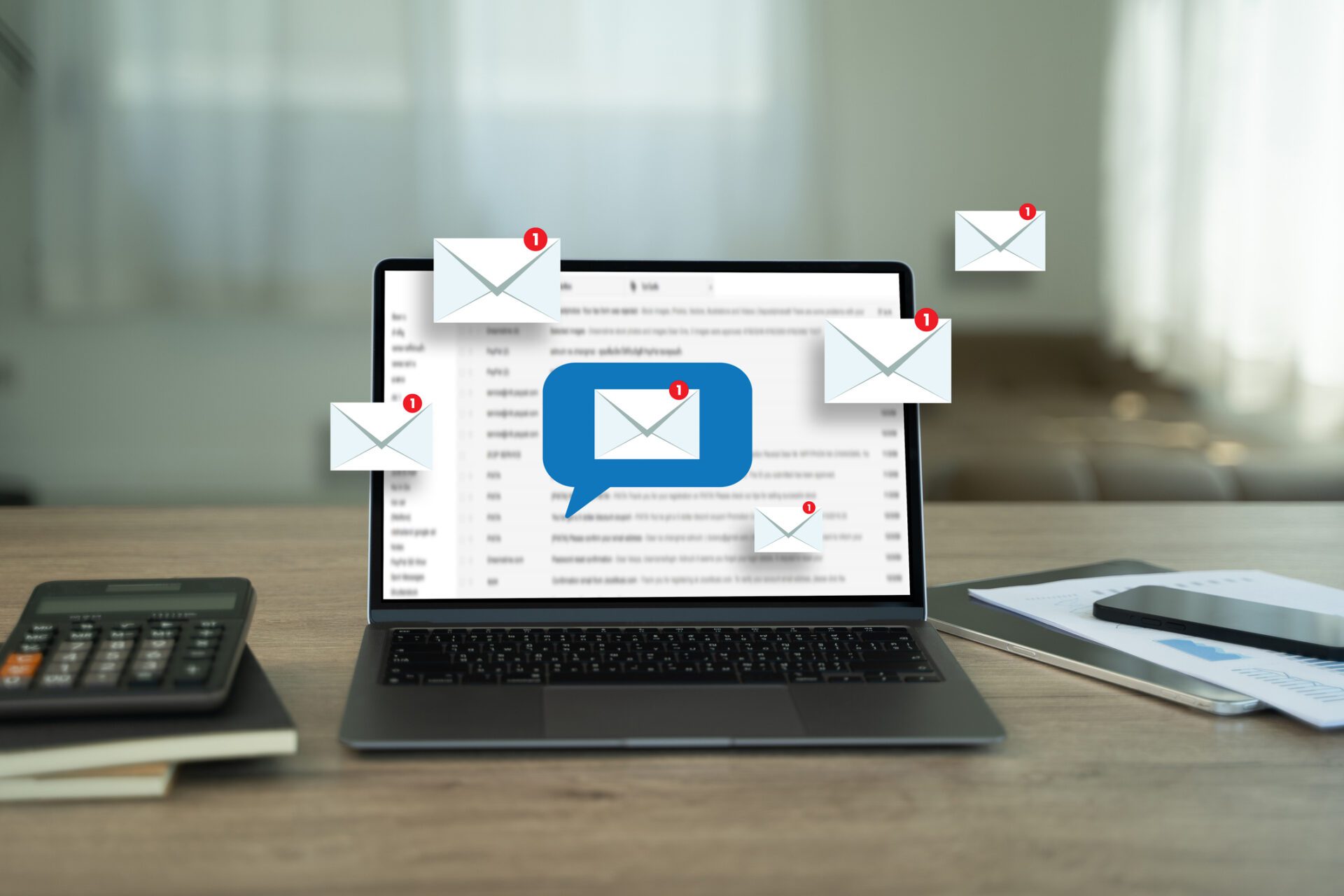 laptop on desk showing email inbox with multiple unread message icons floating