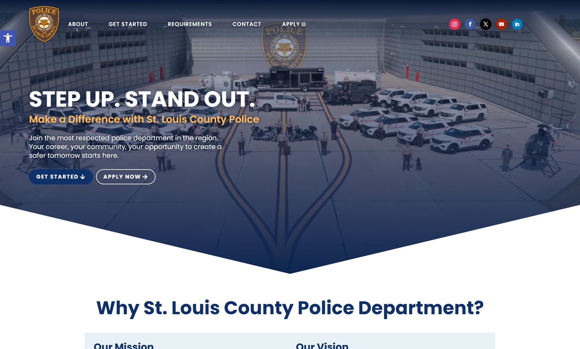 St. Louis County Police vehicles, helicopters, and officers in large hangar bay